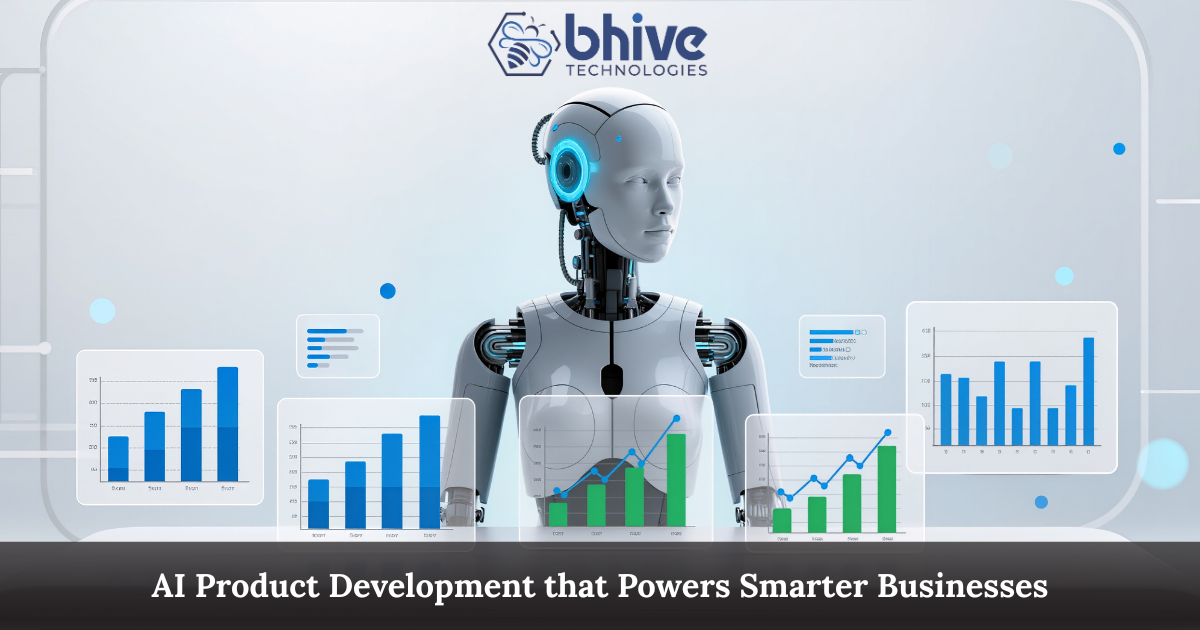 AI-powered humanoid robot analyzing business charts for smarter product development in Madurai and Chennai